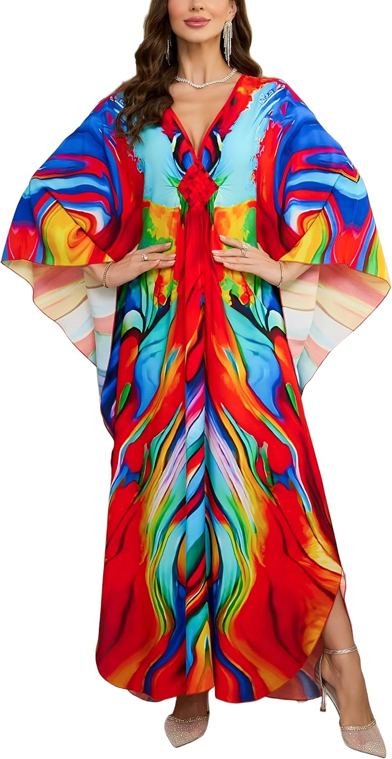 KEYLORTING Women’s Kaftan Beach Cover Up Dress Plus Size Summer Swimsuit Loungewear Maxi Dress - Image 1